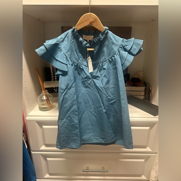 Sarah Alexandra Tops - Blue Shirt with Mock Neck and Flutter Sleeves